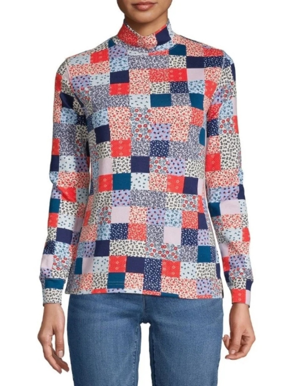 NEW Lands' End Patchwork Print Long Sleeve Mock Turtleneck Top Large